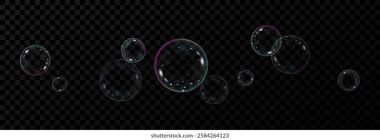 Realistic soap bubbles isolated on transparent background. Flying bubbles effect, vector png. Beautiful soap bubbles.