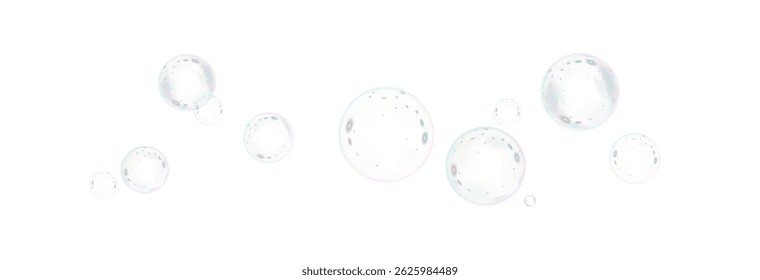 Realistic soap bubbles isolated on transparent background. Flying bubbles effect, vector png. Beautiful soap bubbles.