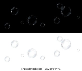 Realistic soap bubbles isolated on transparent background. Flying bubbles effect, vector png. Beautiful soap bubbles.