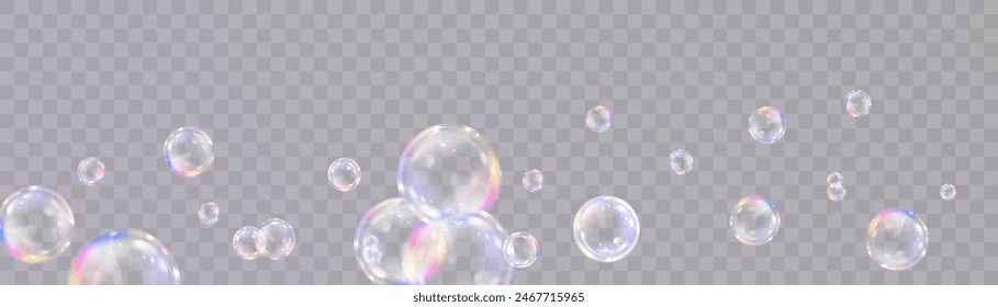 Realistische Seifenblasen. Blasen befinden sich auf einem transparenten Hintergrund. Vektorgrafik fliegende Seifenblase.