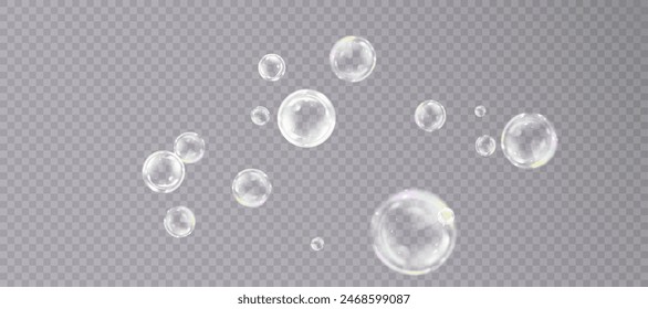 Realistic soap bubbles. Bubbles are located on a transparent background. Vector flying soap bubble.	