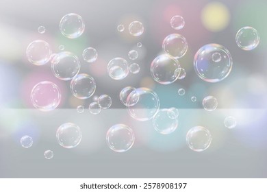 Realistic soap bubbles with multi-colored bokeh effect.Vector.On a transparent background.