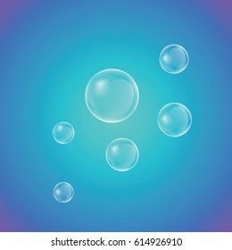 Realistic soap bubbles on a blue gradient background. Vector illustration.