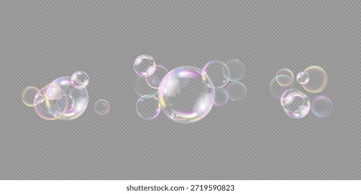Burbujas de jabón realistas. burbujas sobre un fondo transparente.