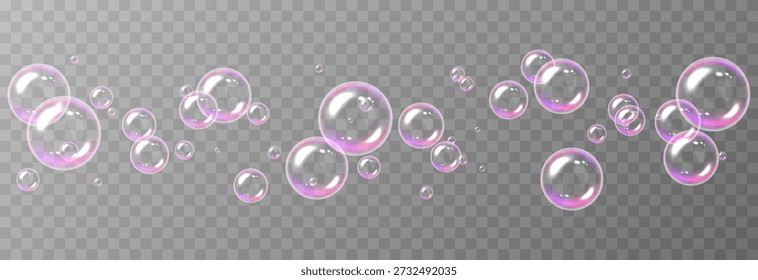 Realistic soap bubbles PNG. Flying soap bubbles on an isolated transparent background. Bubbles from foam or detergent.