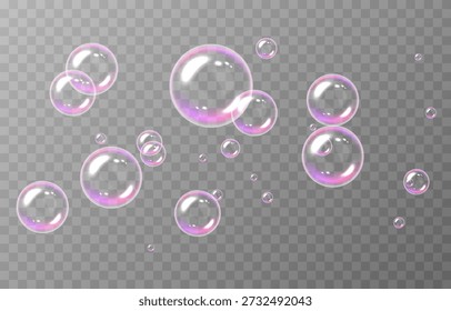 Realistic soap bubbles PNG. Flying soap bubbles on an isolated transparent background. Bubbles from foam or detergent.