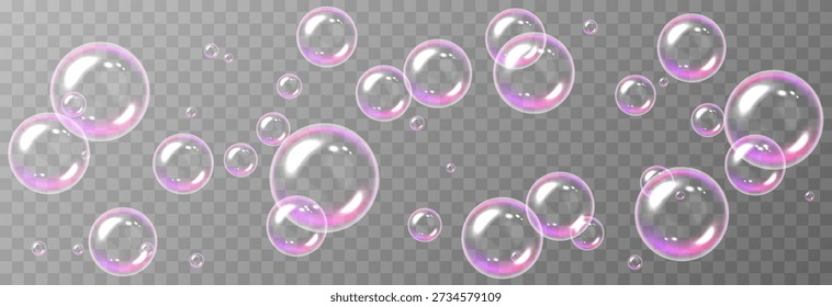 Realistic soap bubbles PNG. Flying soap bubbles on an isolated transparent background. Bubbles from foam or detergent.