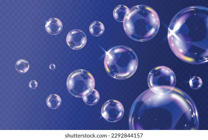 Realistic soap bubbles in rainbow color on transparent background vector illustration