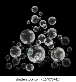 Realistic soap bubbles with rainbow reflection set isolated on the black background. vector Illustration