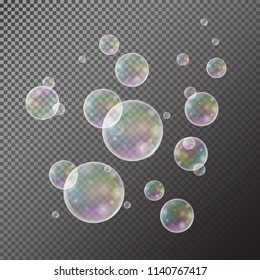 Realistic soap bubbles with rainbow reflection set isolated on the black transparent background. vector Illustration