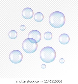 Realistic soap bubbles. Rainbow reflection bubbles isolated vector on transparent illustration.