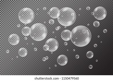 Realistic soap bubbles with rainbow reflection set isolated on the black transparent background. vector Illustration