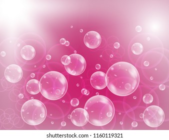 Realistic soap bubbles with rainbow reflection set isolated on the pink sparkling background. vector Illustration