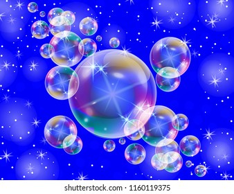 Realistic soap bubbles with rainbow reflection set isolated on the blue sparkling background. vector Illustration