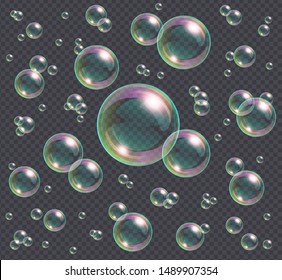Realistic soap bubbles with rainbow reflection isolated on transparent background. Vector water foam bubbles. Colorful iridescent glass sphere.