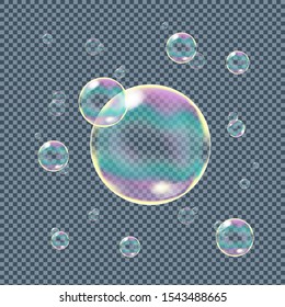 Realistic soap bubbles with rainbow reflection isolated on transparent background. Vector illustration.