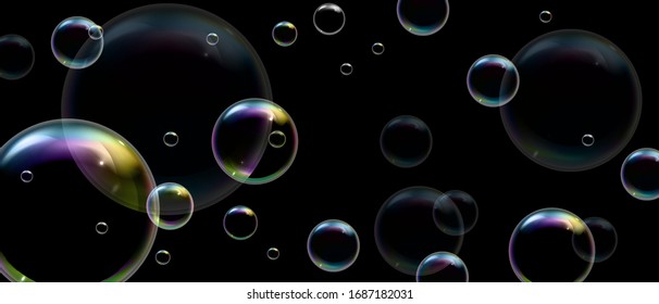 Realistic soap bubbles with rainbow reflection on black background. Vector water foam bubbles. Colorful iridescent glass sphere.