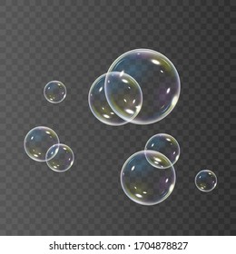 Realistic soap bubbles with rainbow reflection set of isolated vector illustrations.