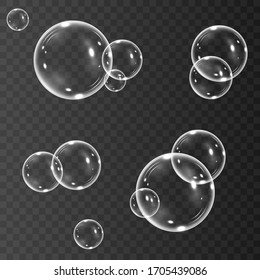 Realistic soap bubbles with rainbow reflection set of isolated vector illustrations.