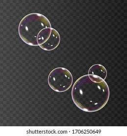 Realistic soap bubbles with rainbow reflection set of isolated vector illustrations.