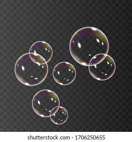 Realistic soap bubbles with rainbow reflection set of isolated vector illustrations.