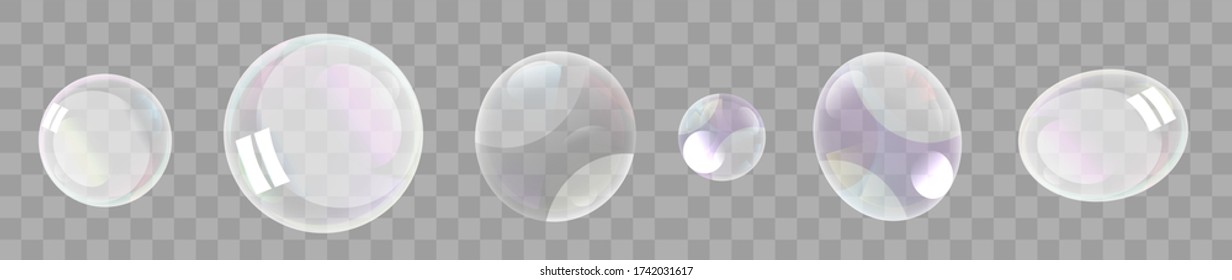 Realistic soap bubbles with rainbow reflection set isolated. Vector illustration