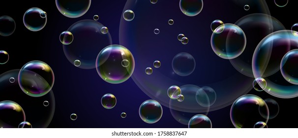 Realistic soap bubbles with rainbow reflection on black background. Vector water foam bubbles. Colorful iridescent glass sphere.