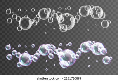 Realistic soap bubbles with rainbow reflection. Colorful аalling soap bubbles. Realistic soap bubble with glare. Foam bubbles png. Vector illustration. Festive iridescent foam bubbles with reflection.