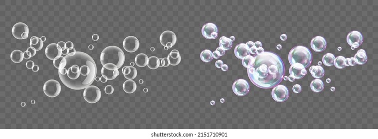 Realistic soap bubbles with rainbow reflection. Colorful аalling soap bubbles. Realistic soap bubble with glare. Foam bubbles png. Vector illustration. Festive iridescent foam bubbles with reflection.