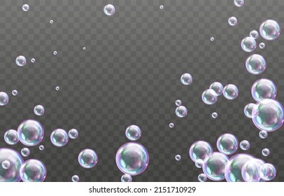 Realistic soap bubbles with rainbow reflection. Colorful аalling soap bubbles. Realistic soap bubble with glare. Foam bubbles png. Vector illustration. Festive iridescent foam bubbles with reflection.