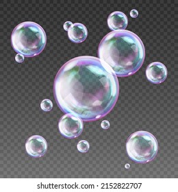 Realistic soap bubbles with rainbow reflection. Colorful falling soap bubbles. Realistic soap bubble with glare. Foam bubbles png. Vector illustration. Festive iridescent foam bubbles with reflection.