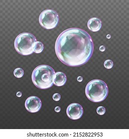 Realistic soap bubbles with rainbow reflection. Colorful falling soap bubbles. Realistic soap bubble with glare. Foam bubbles png. Vector illustration. Festive iridescent foam bubbles with reflection.