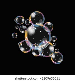 Realistic soap bubbles with rainbow reflection, vector foam bubbles. Colorful rainbow glass sphere with reflection