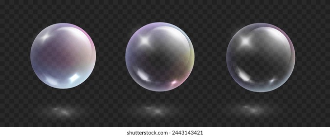 Realistic soap bubbles with rainbow reflection. Rainbow colorful iridescent glass balls or spheres isolated on dark transparent background.