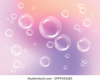 Realistic soap bubbles with rainbow reflection isolated on gradient background. Vector water foam bubbles. illustration vector premium.