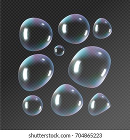 Realistic Soap Bubbles. Rainbow Reflection Bubbles Isolated Vector On Transparent Illustration.