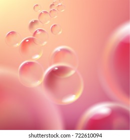 Realistic soap bubbles with rainbow reflection vector illustration on red background