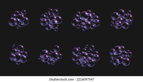 Realistic soap bubbles with rainbow reflections, colorful iridescent shampoo foam isolated on a dark background. Vector illustration.