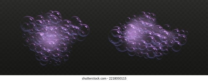 Burbujas de jabón realistas con reflejos arcoiris, bañador rosa, espuma de champú irridiscente colorida aislada en un fondo oscuro. Ilustración vectorial.