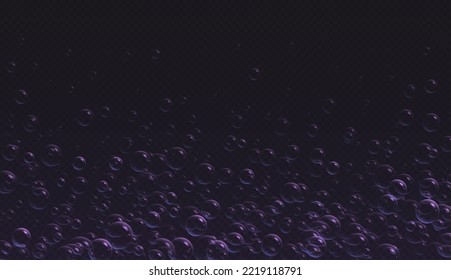 Realistic soap bubbles with rainbow reflections, colorful iridescent shampoo foam isolated on a dark background. Vector illustration.