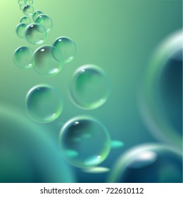 Realistic soap bubbles with reflection on green background. Vector illustration