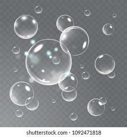 Realistic soap bubbles with reflection set isolated vector illustration. Transparent background