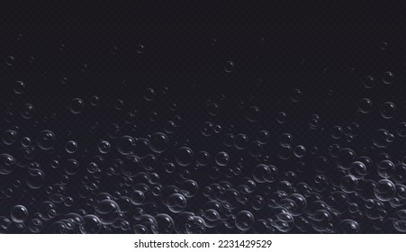 Burbujas de jabón realistas con reflecciones, espuma de champú brillante, bañera aislada en un fondo oscuro. Ilustración vectorial.