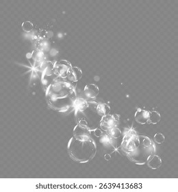 Realistic Soap Bubbles Set on Transparent Background.Shiny Floating Soap Bubbles Collection