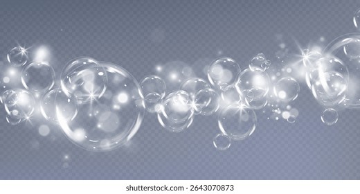 Realistic Soap Bubbles Set on Transparent Background.Shiny Floating Soap Bubbles Collection