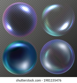 Realistic soap bubbles set in vector with shine, glares and rainbow isolated on transparent background EPS10