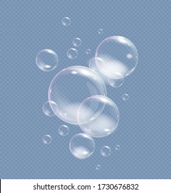 Realistic soap bubbles of shampoo or washing powder. Bubbles liquid or effervescent drink, undersea realistic vector illustration.