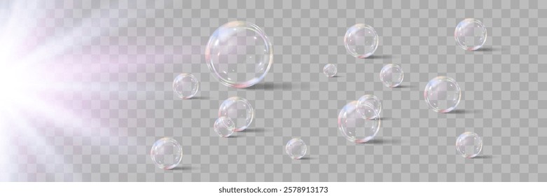 Realistic soap bubbles with sun rays on a transparent background. eps 10.Vector.
