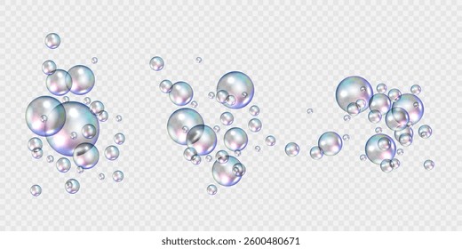 Realistic soap bubbles transparent with rainbow reflection. Vector set editable graphic elements