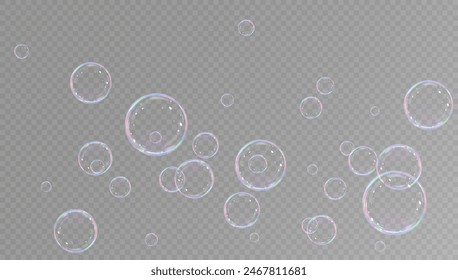 Burbujas de jabón realistas. Burbujas voladoras sobre un fondo transparente.	